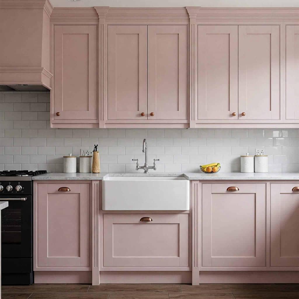 Bright pastel pink kitchen cabinets with white farmhouse sink and subway tile backsplash, expertly painted by G&E Interior Painting in Portstewart, showcasing professional interior painting services.