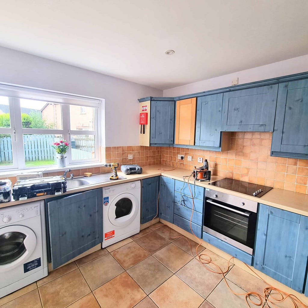 Modern kitchen with blue cabinets and appliances