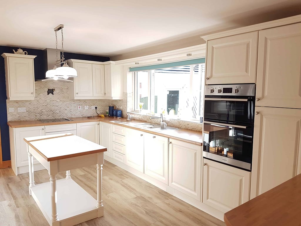 Bright modern kitchen with white cabinets and island