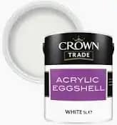 Acrylic eggshell white paint can for interior walls, ideal for a smooth, durable finish.