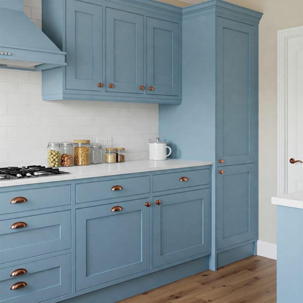 Bright blue kitchen cabinetry with copper handles and white countertops, showcasing expert interior painting services in Portstewart. Perfect for modern, stylish home interiors.