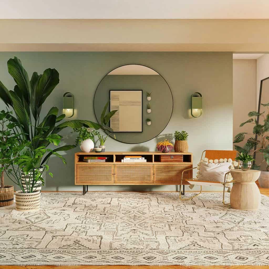 Vibrant living room interior featuring fresh wall painting, modern decor, green plants, and stylish furniture, showcasing professional interior painting services in Portstewart.