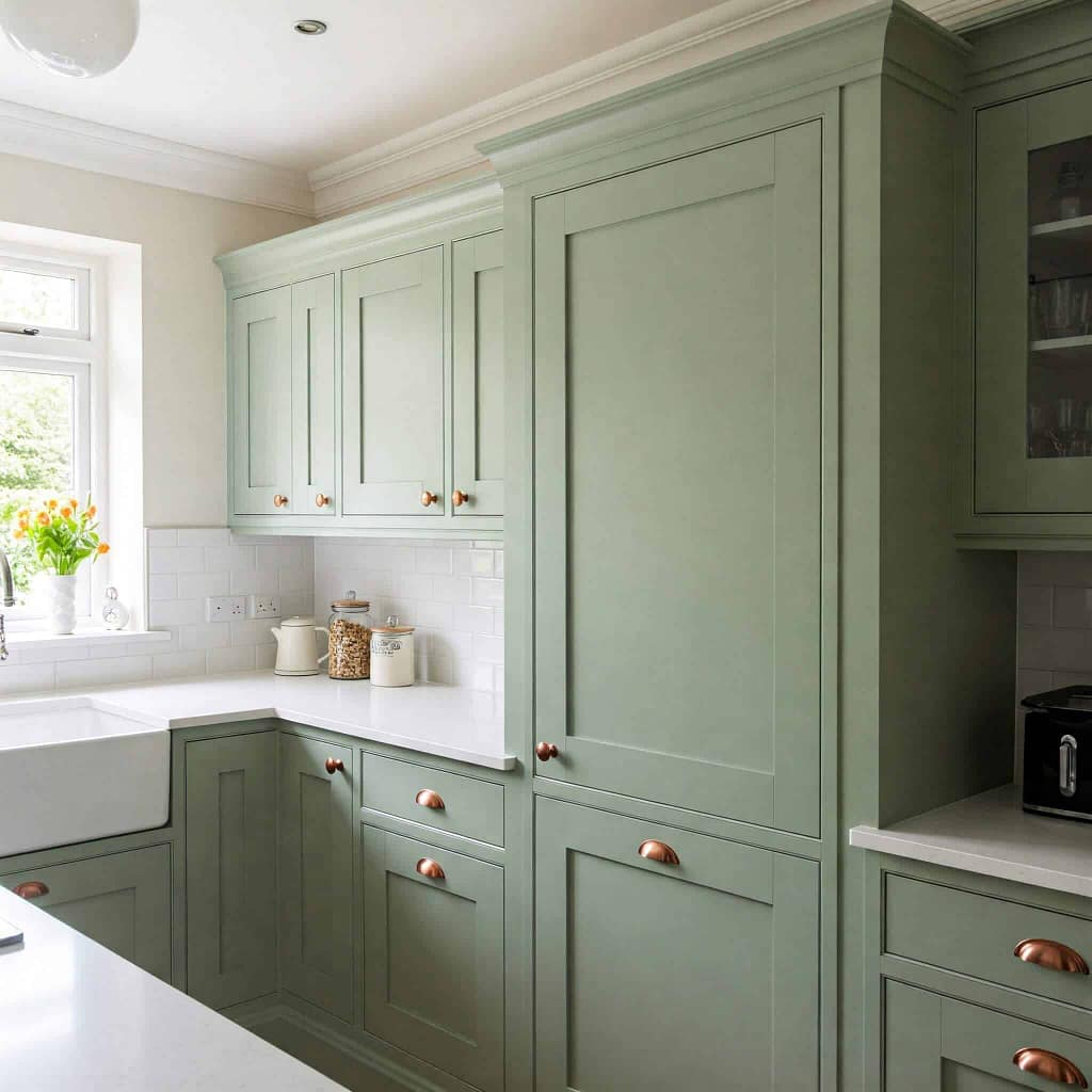 Modern kitchen with green cabinets and countertop