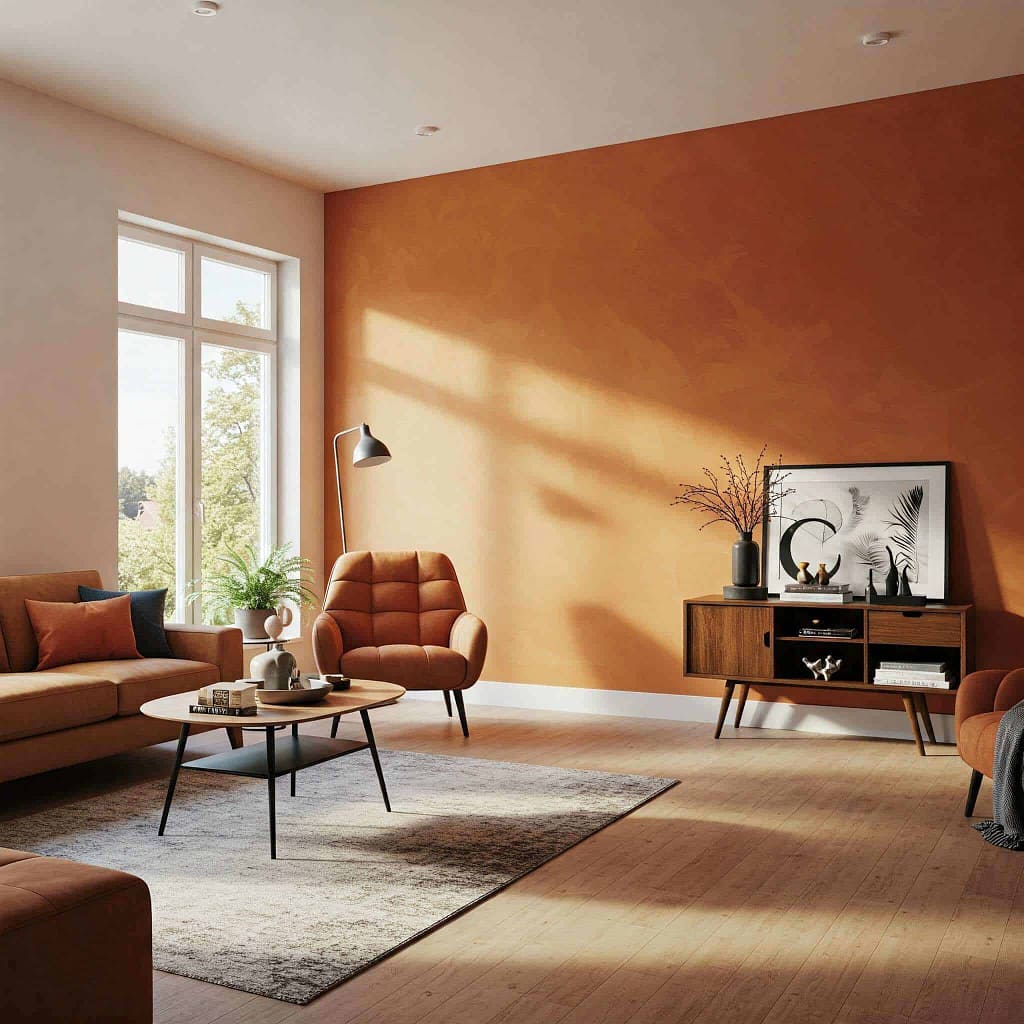 Bright living room with orange accent wall painted by expert painters in Portstewart, showcasing professional interior painting services.
