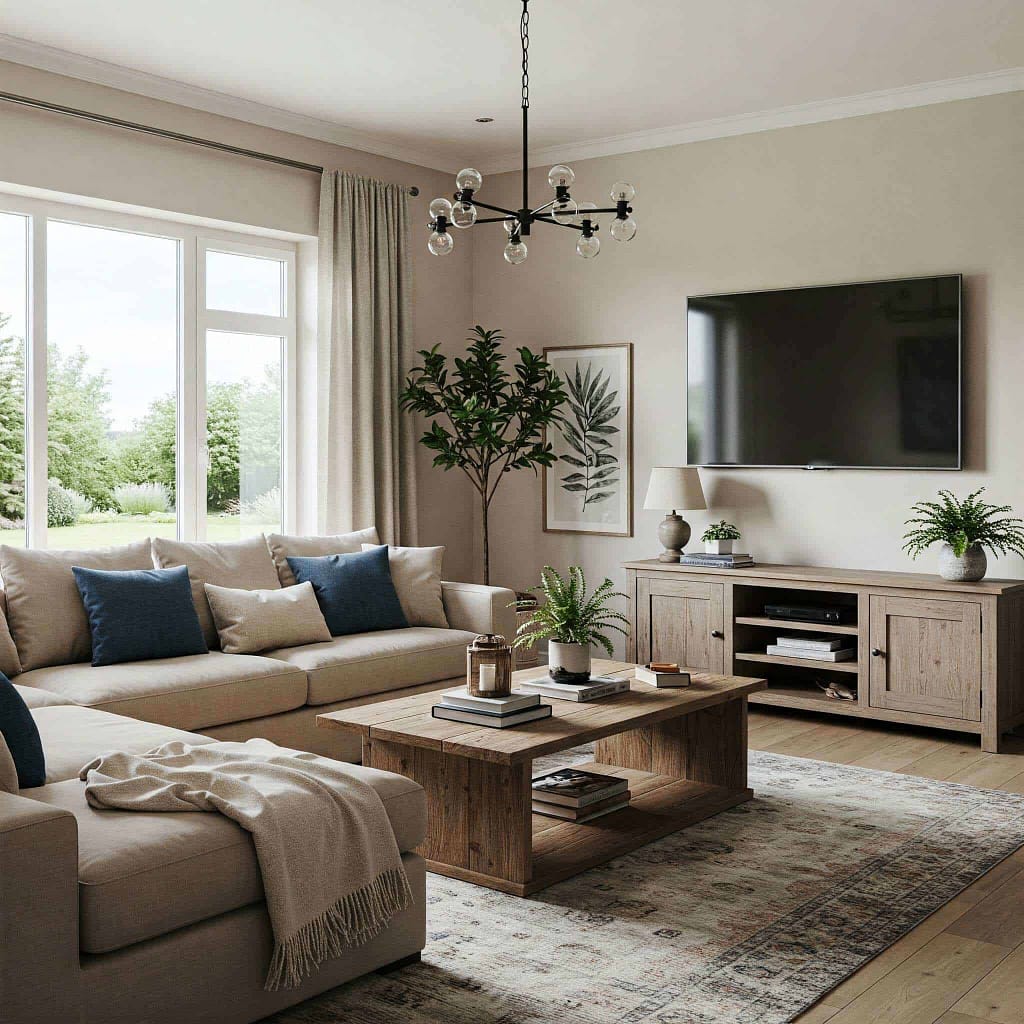 Bright living room with neutral beige walls, modern black chandelier, large windows with cream curtains, and stylish wooden furniture with green plants.