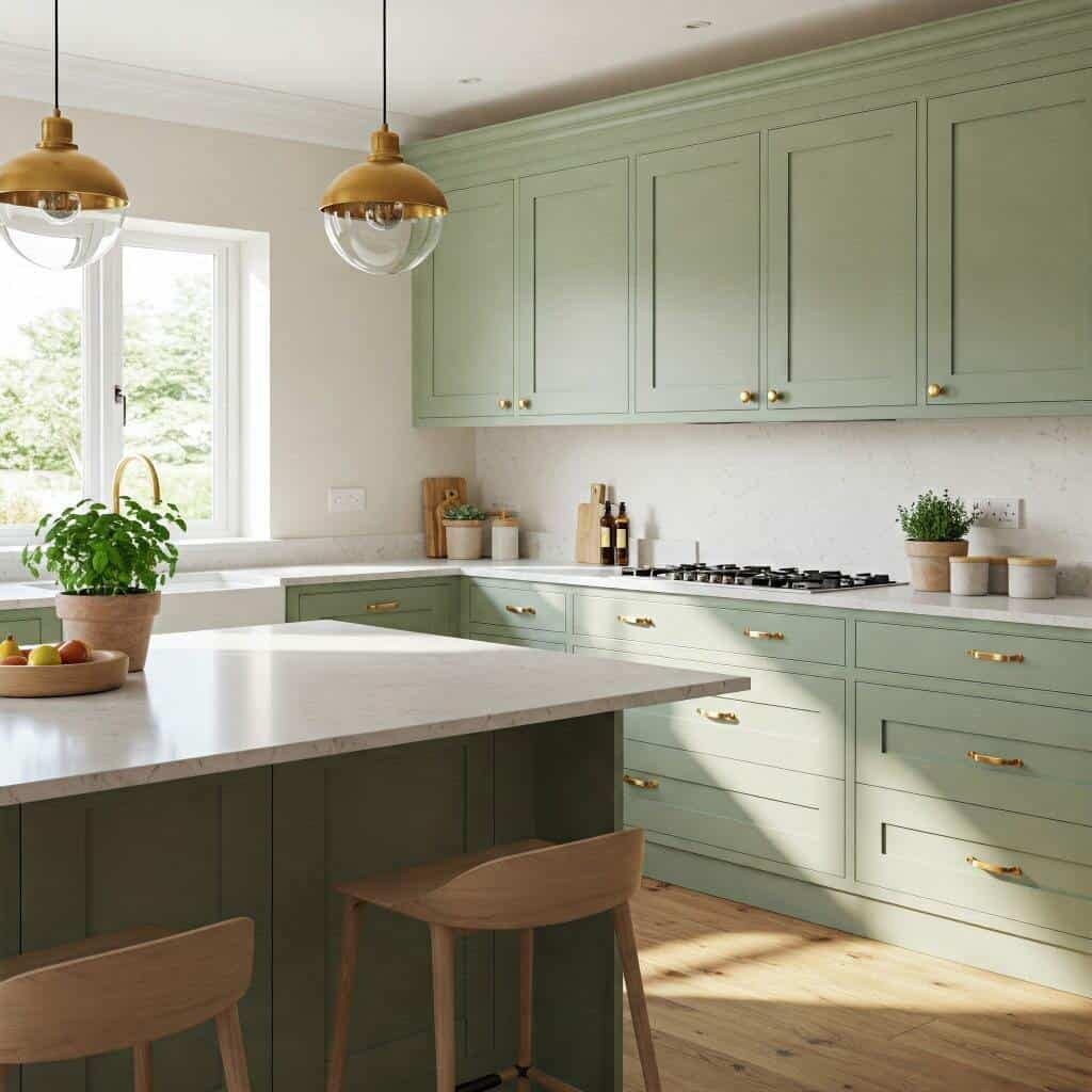 Bright green kitchen cabinets with gold hardware in a modern kitchen with natural light, perfect for interior painting by expert painters in Portstewart.