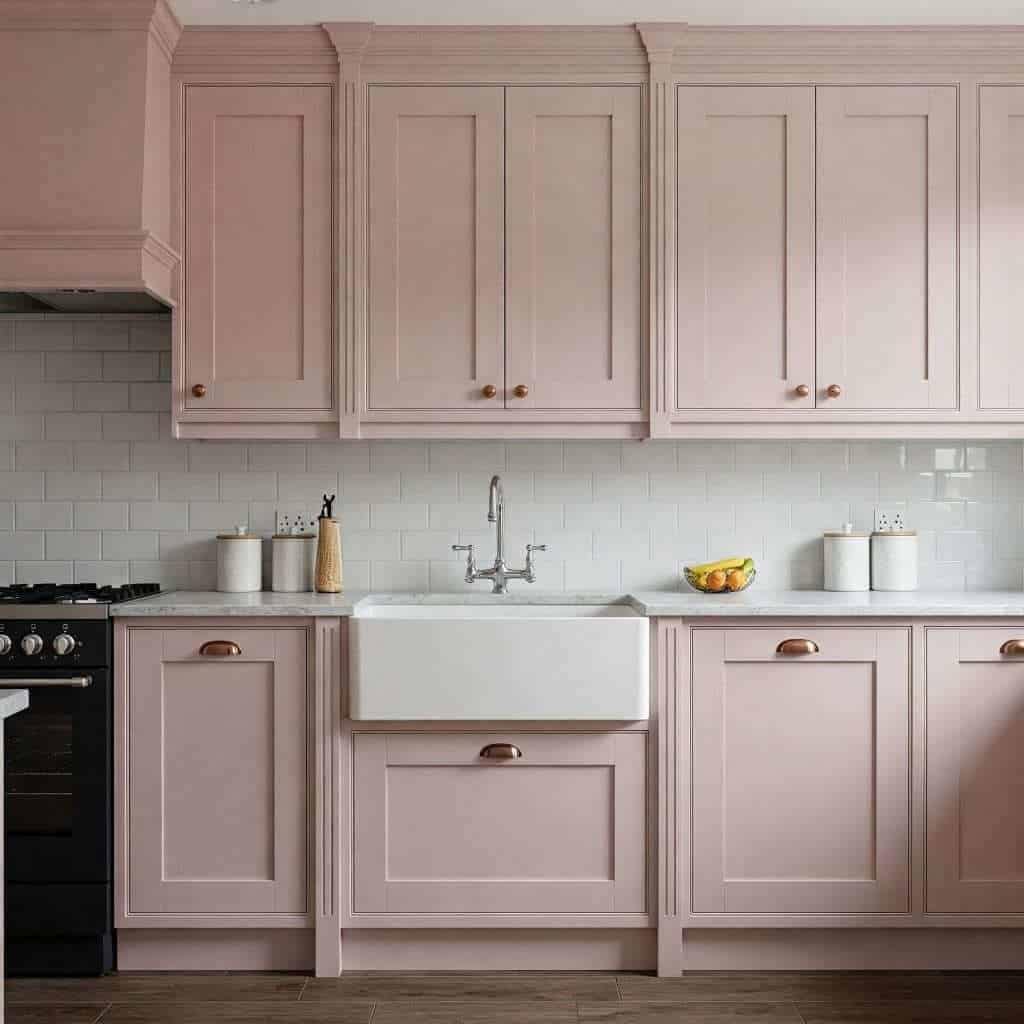 Elegant pink kitchen cabinets with farmhouse sink and white subway tile backsplash, expertly painted by G&E Interior Painting in Portstewart.