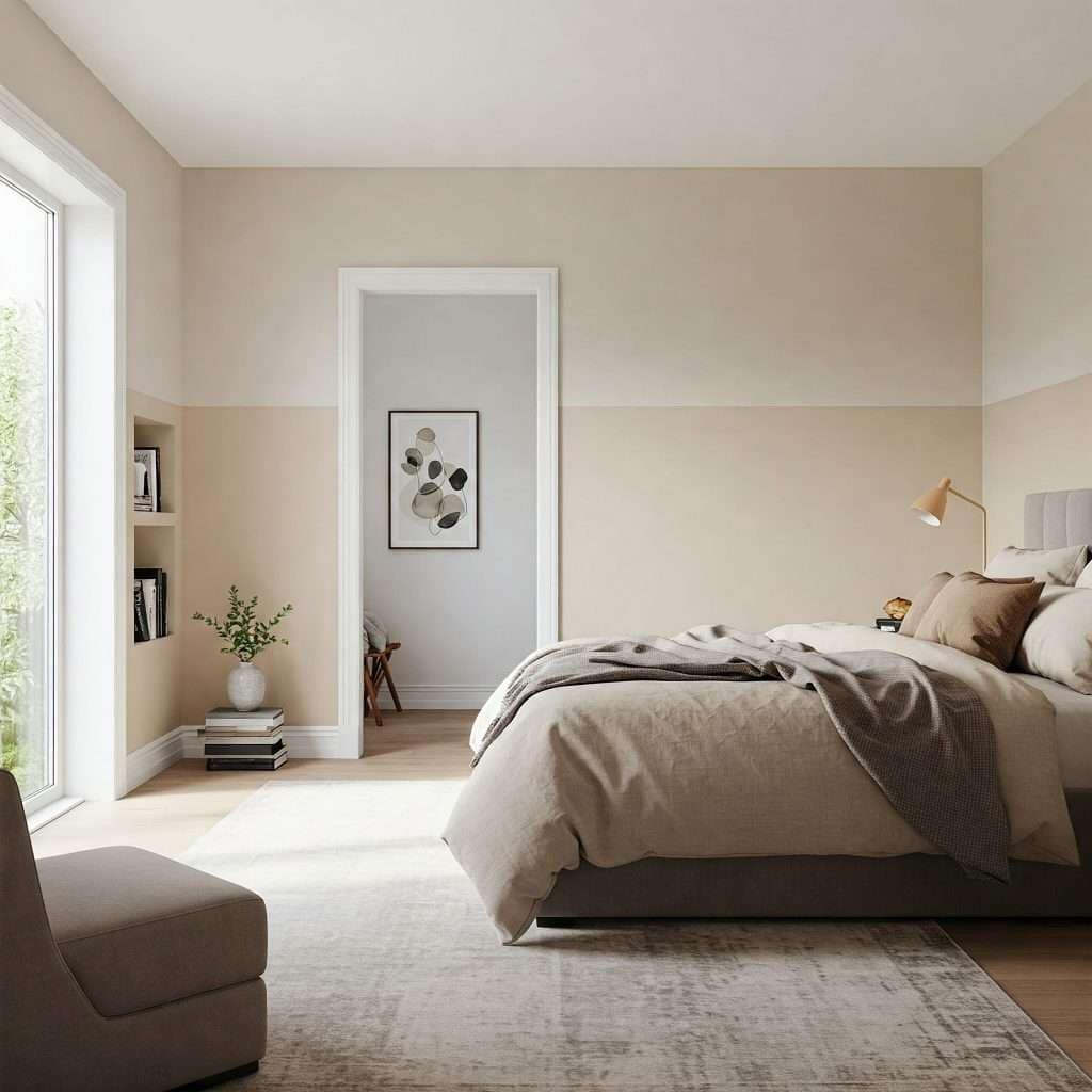 Bright, neutral-colored bedroom interior with smooth wall paint, featuring a large window, modern decor, and cozy furniture, showcasing expert interior painting in Portstewart.