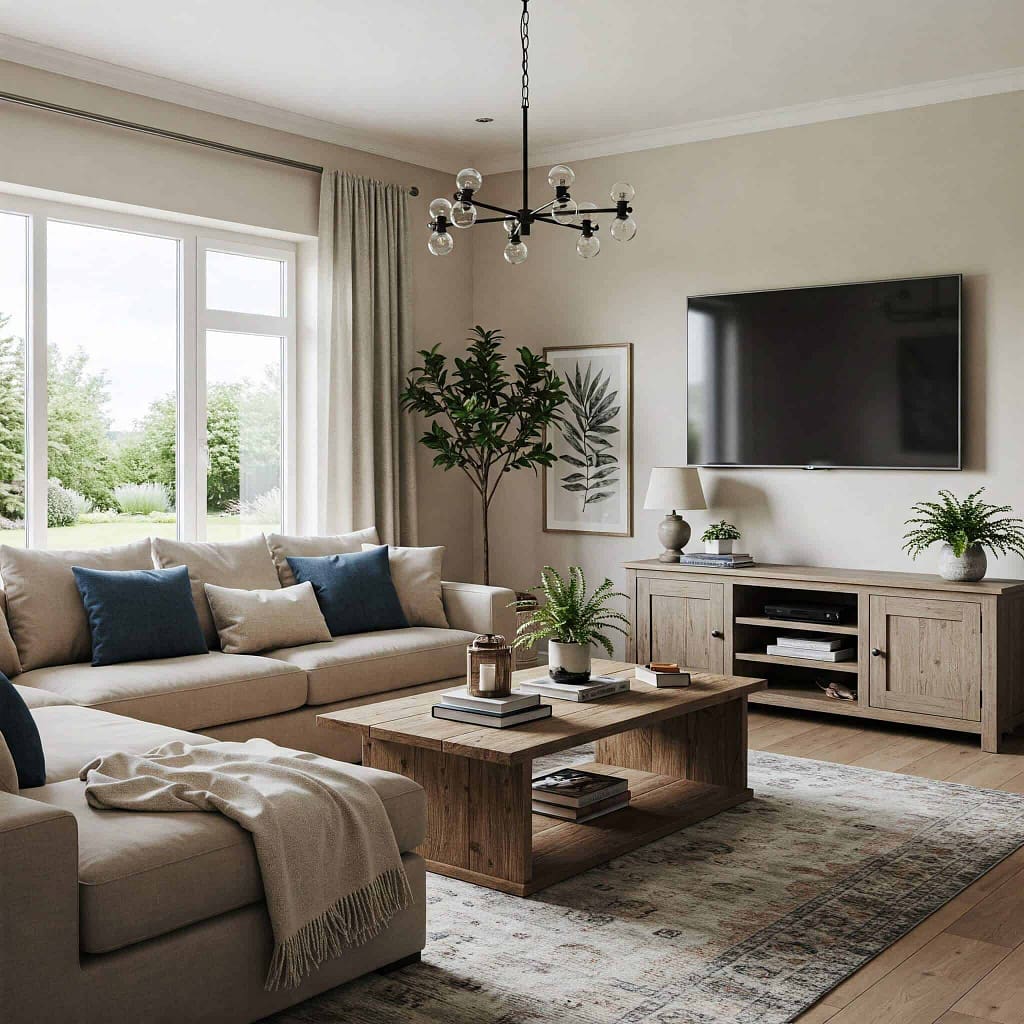 Modern living room interior with neutral walls, wooden furniture, wall-mounted TV, and decorative plants, showcasing expert interior painting services in Portstewart.
