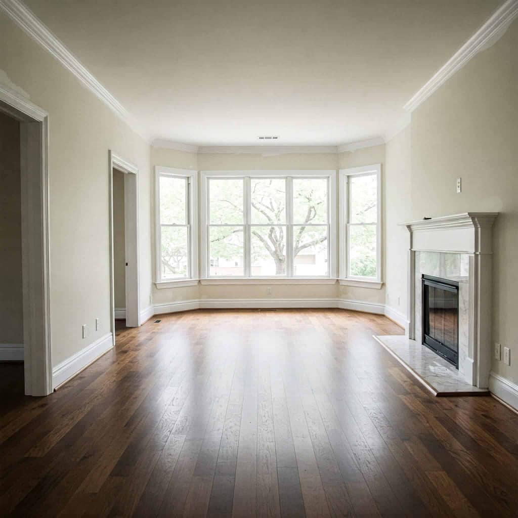 Spacious empty living room with wooden flooring