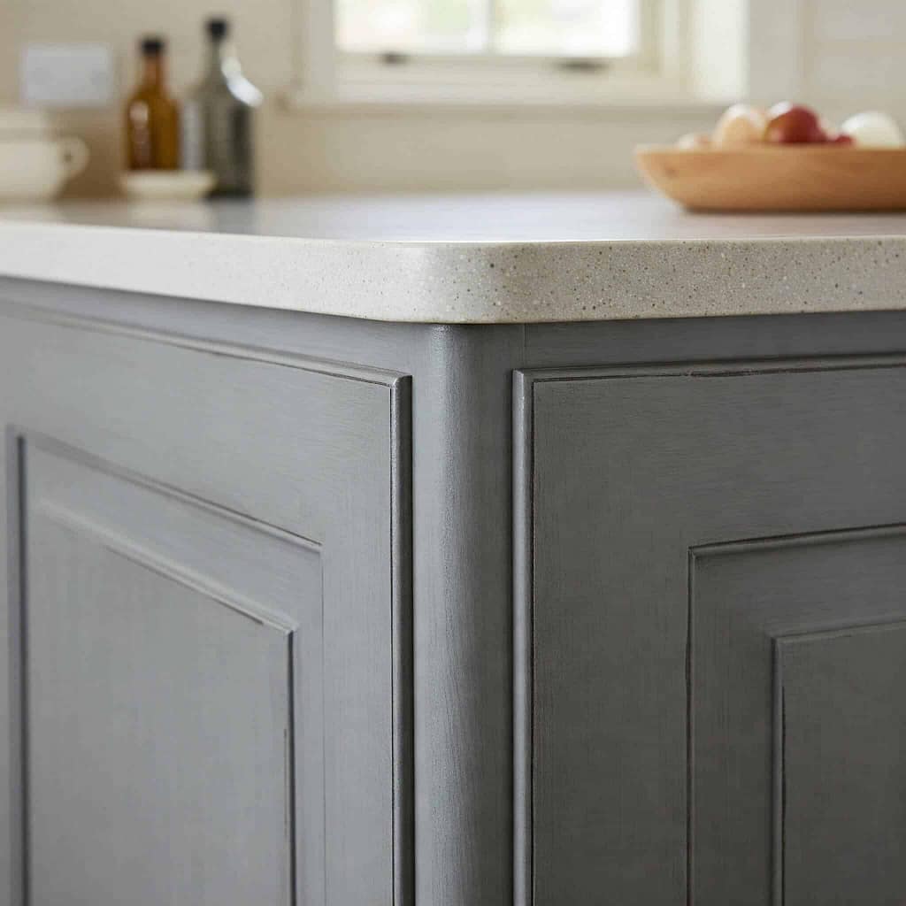 Gray kitchen cabinet with light countertop design
