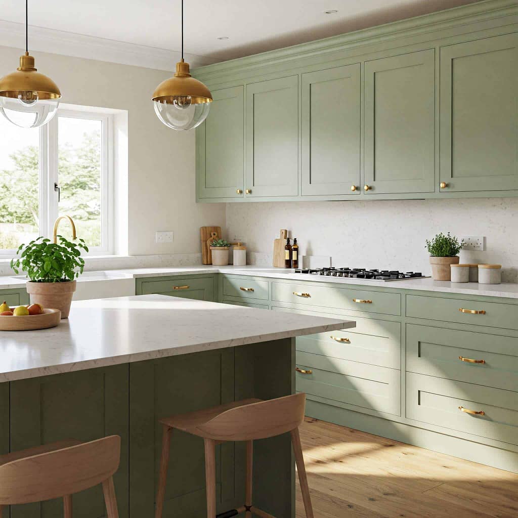 Vibrant green kitchen cabinets with gold handles in a modern, sunlit kitchen featuring a white marble countertop and minimalist decor. Perfect for interior painting and kitchen renovation projects in Portstewart.