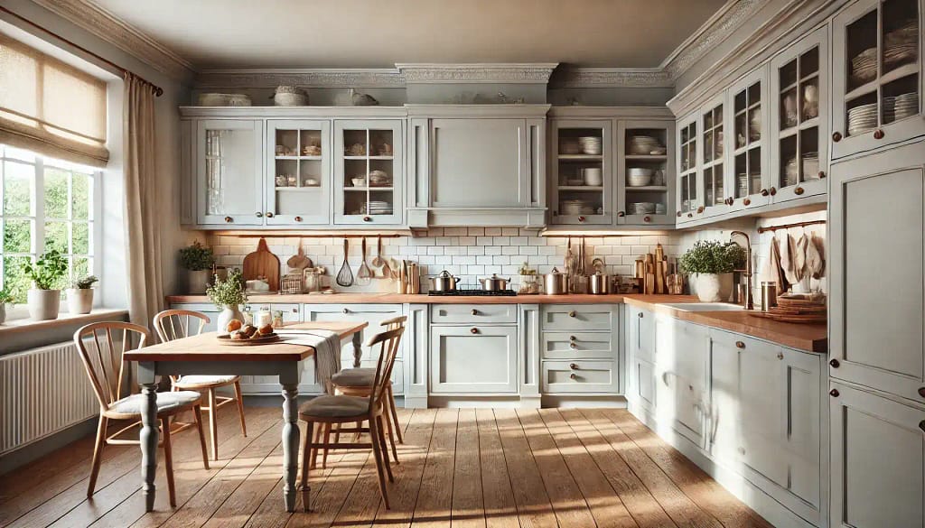 Gray hand-painted kitchen cupboards