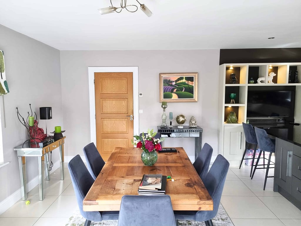 Modern dining room with wooden table centerpiece