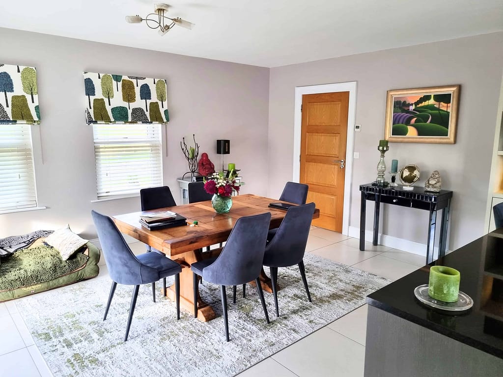 Modern dining room with wooden table and chairs