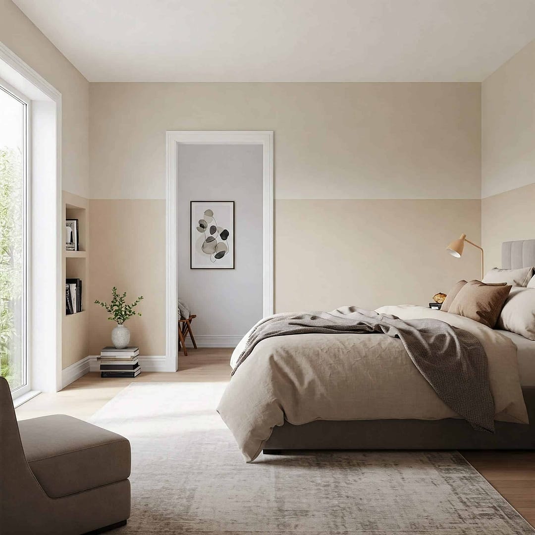 Bright and neutral interior bedroom featuring expertly painted walls in Portstewart, showcasing professional interior painting services by G&E Interior Painting.