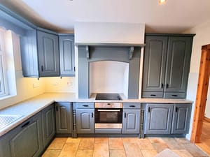 Modern kitchen with dark gray cabinetry and oven