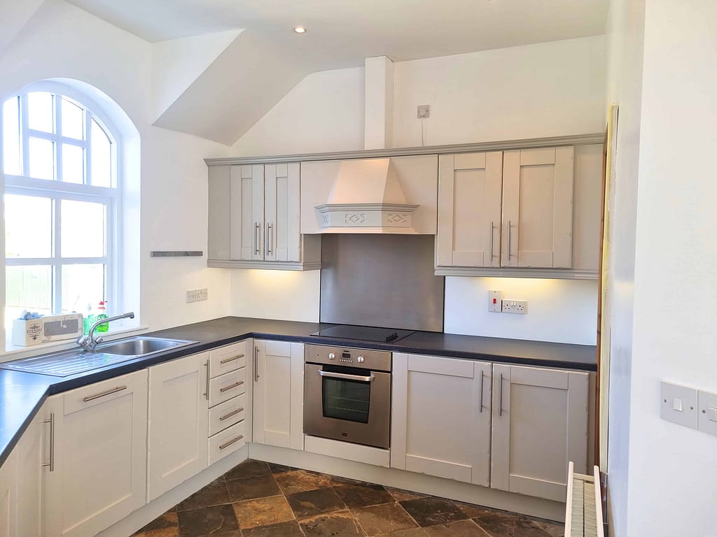 Modern white kitchen with stainless steel appliances