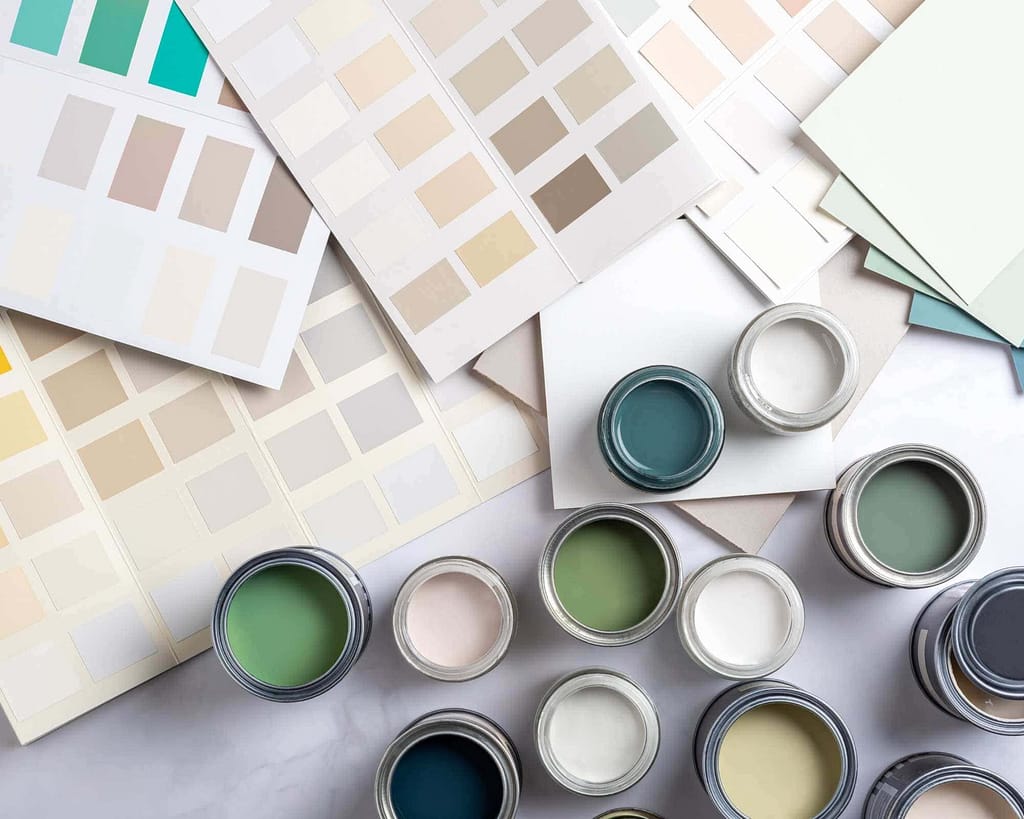 Color swatches and paint samples for interior painting projects, featuring various shades and hues for home decor and design.