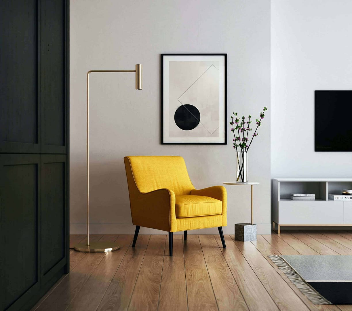 Bright yellow armchair in modern living room with minimalist decor, stylish artwork, and wooden flooring, showcasing expert interior painting services in Portstewart.